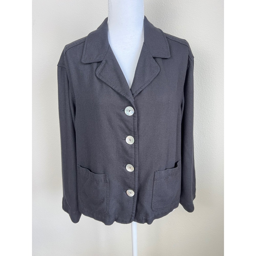 Talbots Petites Blazer Jacket Womens M Black Linen Rayon Button Career Classic